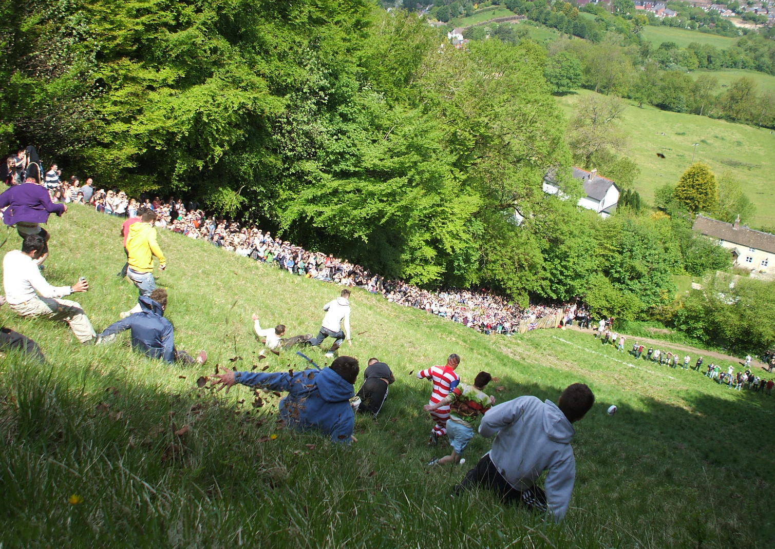 Competitors rolling down the hill in pursuit of the cheese