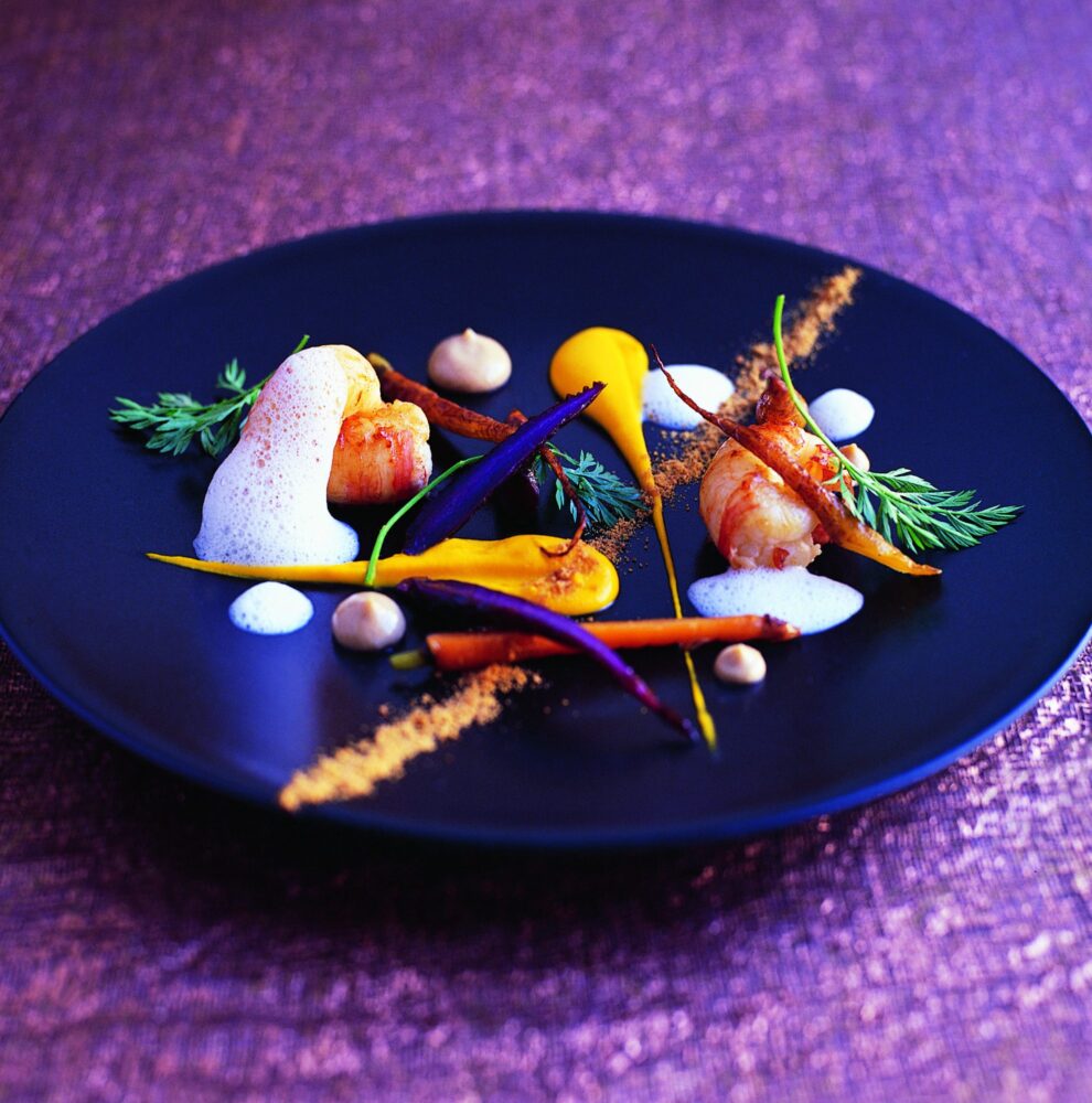 Saut e of langoustines and roasted heritage carrots