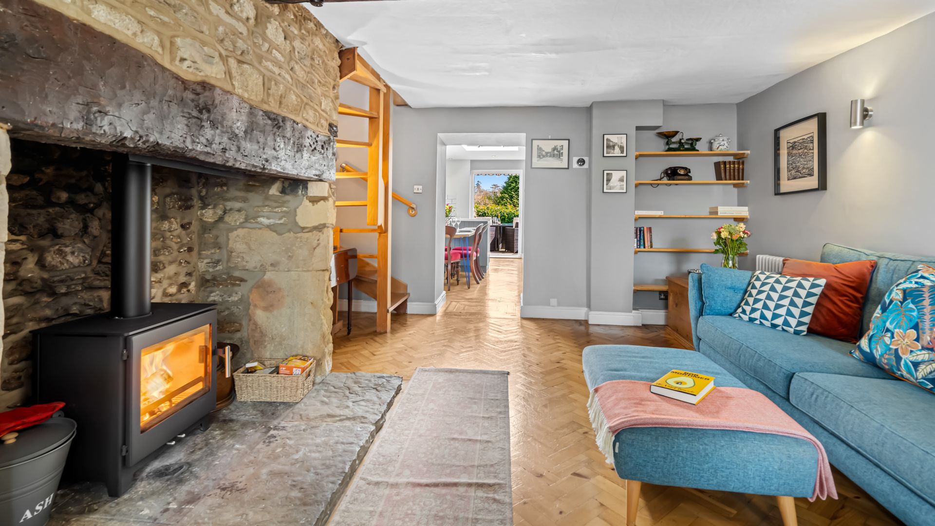 The open plan kitchen is accessed through the living room
