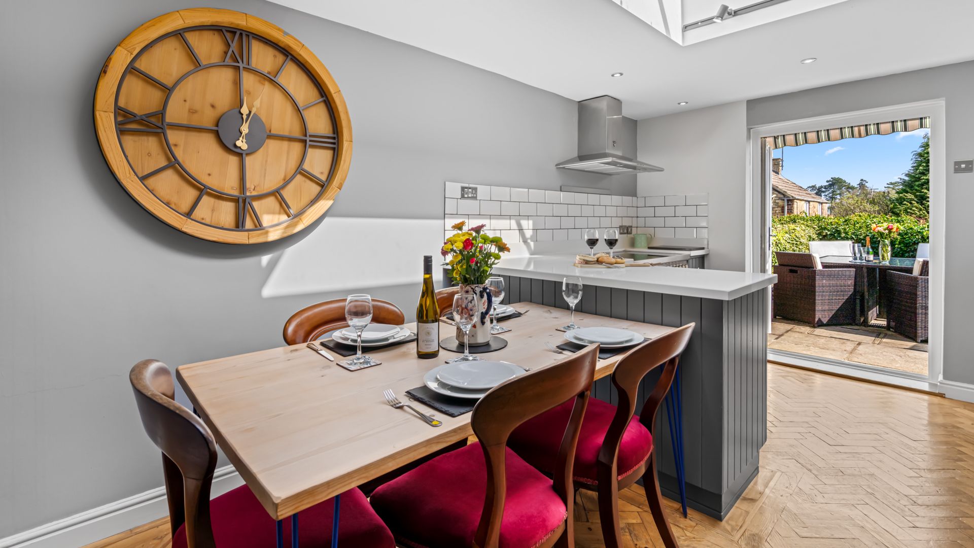 The open plan kitchen/diner is spacious with french doors opening to the courtyard garden