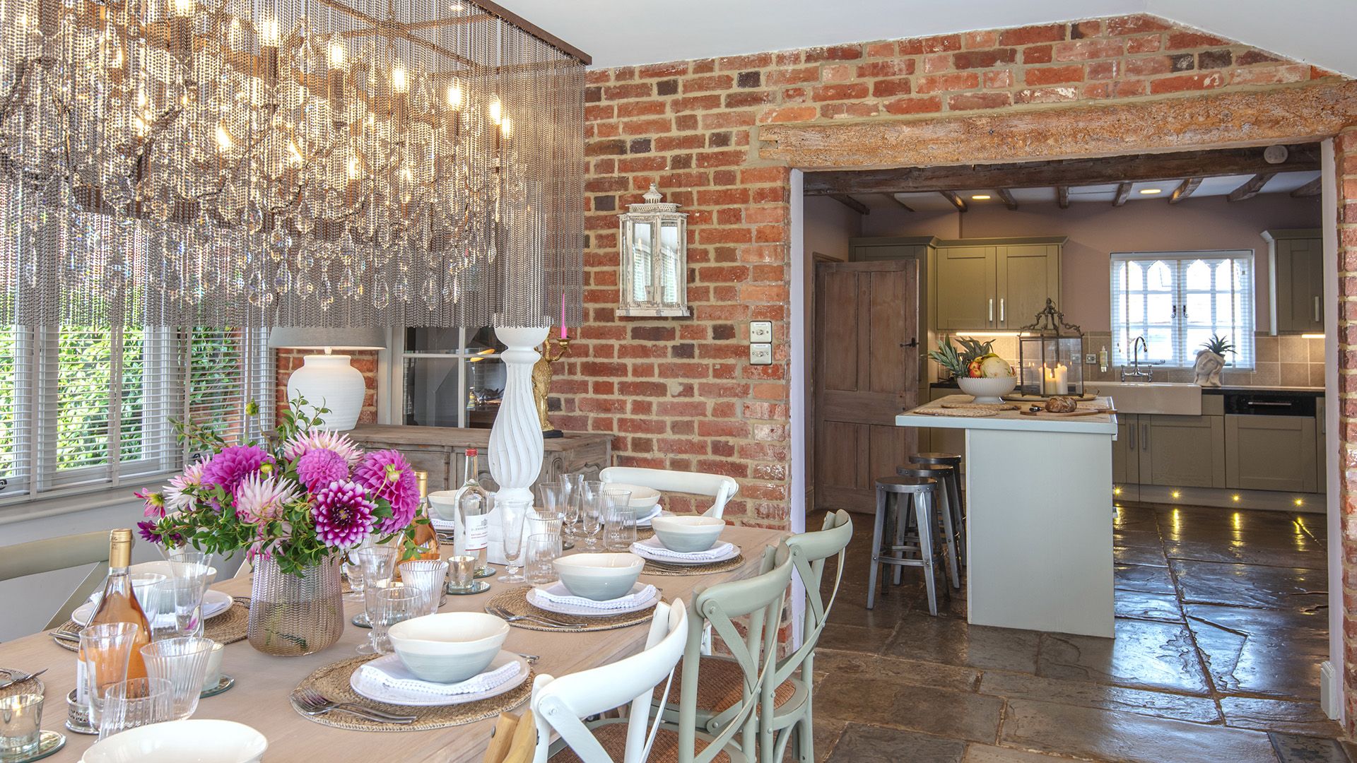 Dining Room and kitchen, Beecham Farmhouse, Bolthole Retreats