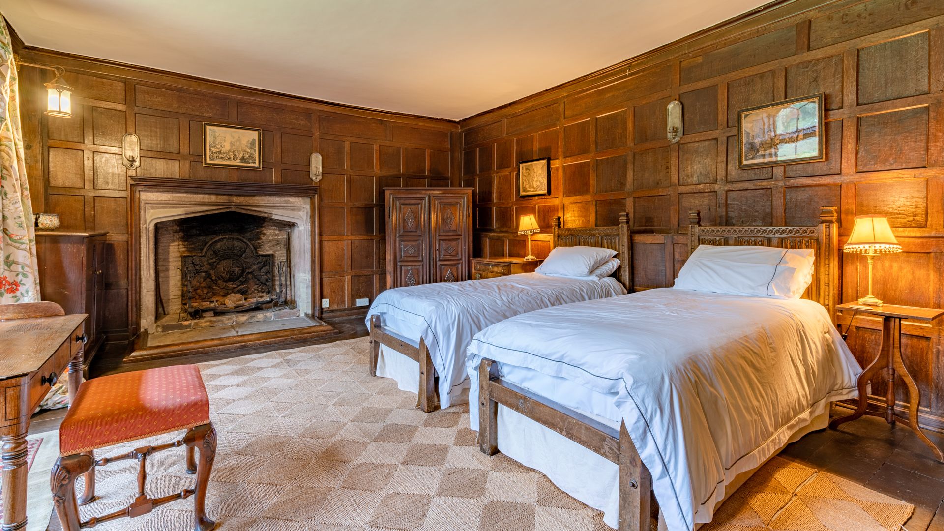 The Oak Bedroom is located in the ancient tower at Kentchurch Court