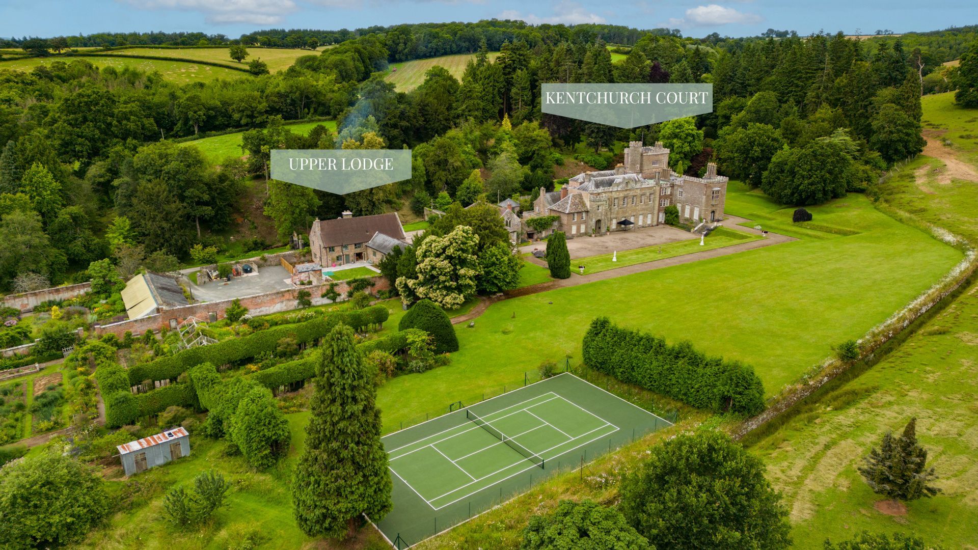 Kentchurch Court and neighbouring Upper Lodge from above